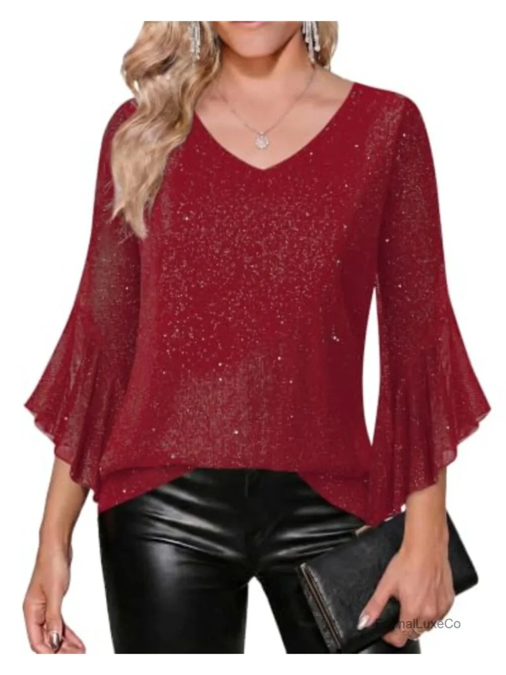 Women's 3/4 Sleeve Sequin Dressy Top V-Neck Double Layer Mesh Party Blouse